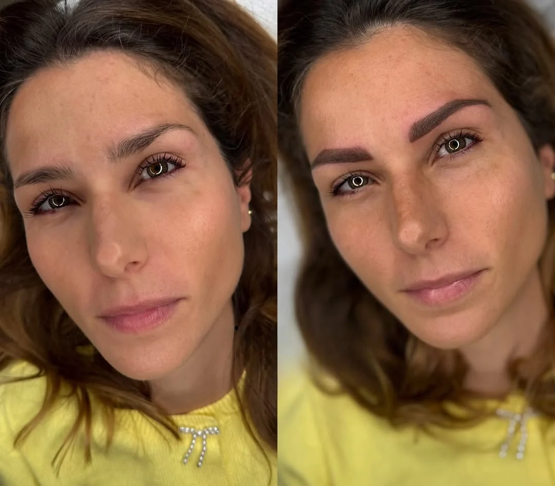 Prima e dopo trattamento PMU sopracciglia: trucco permanente per un effetto definito e naturale.